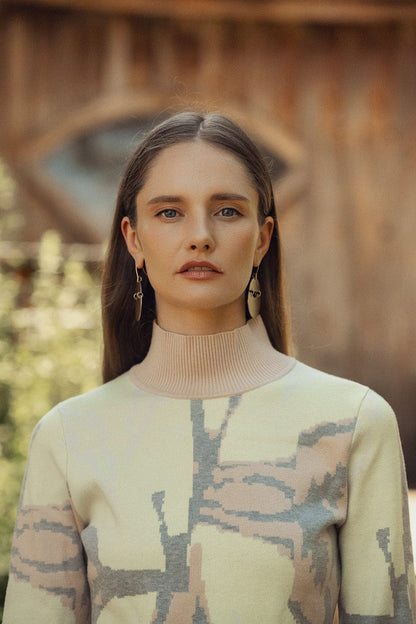 Printed Mock Neck Sweater-Grey/Peach/Yellow