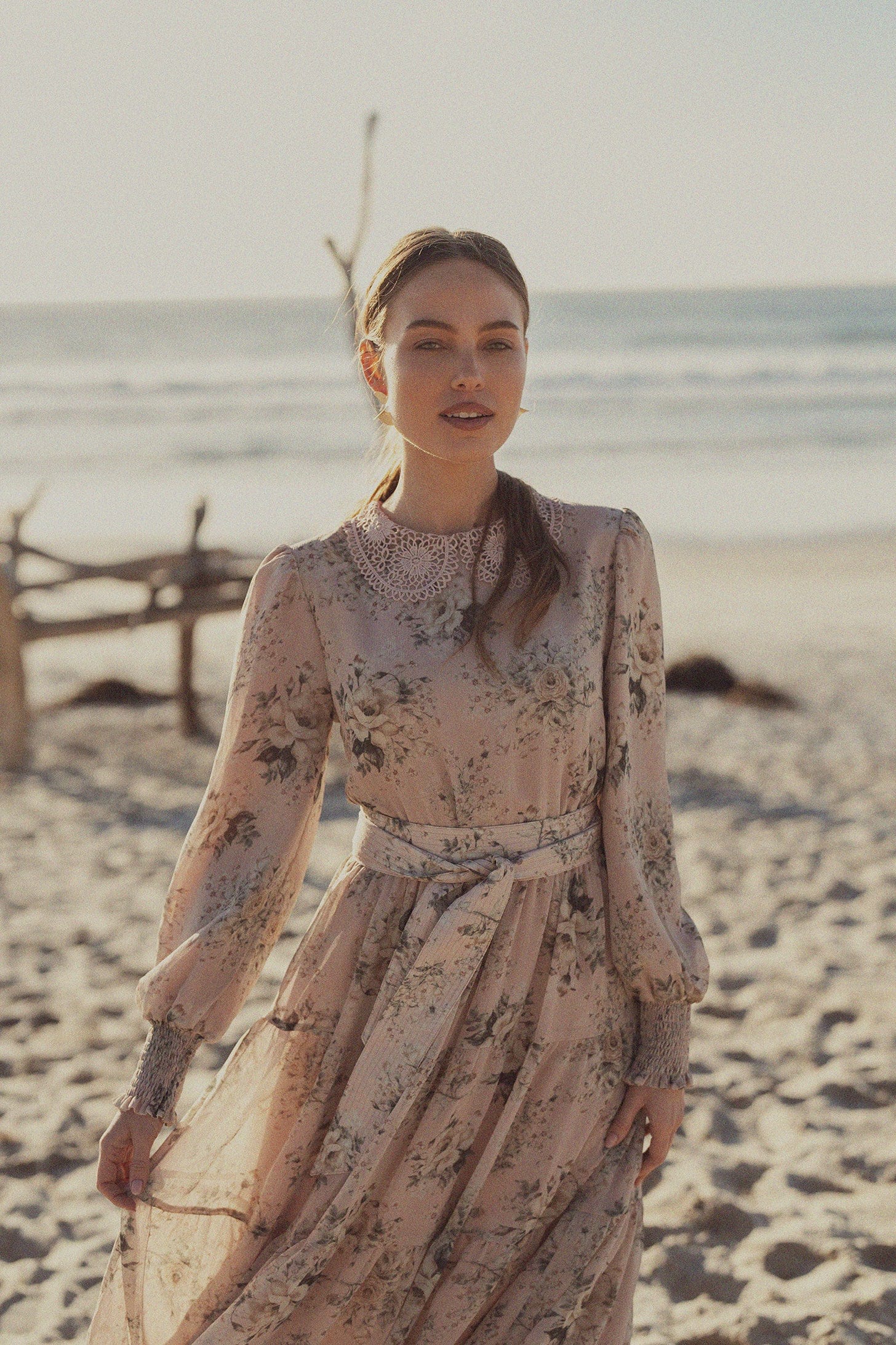 Collared Belted Tiered Dress-Vintage Floral