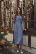 Pleated Sleeve High Waisted Dress-Light Blue