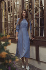 Pleated Sleeve High Waisted Dress-Light Blue