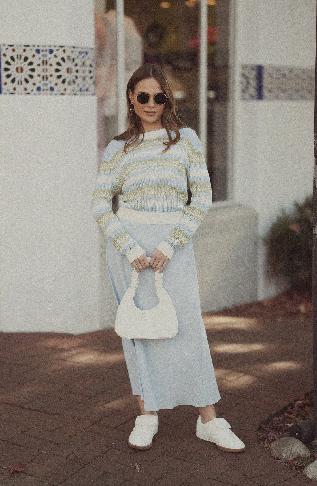 Mesh Striped Sweater-Light Blue/Lime Green