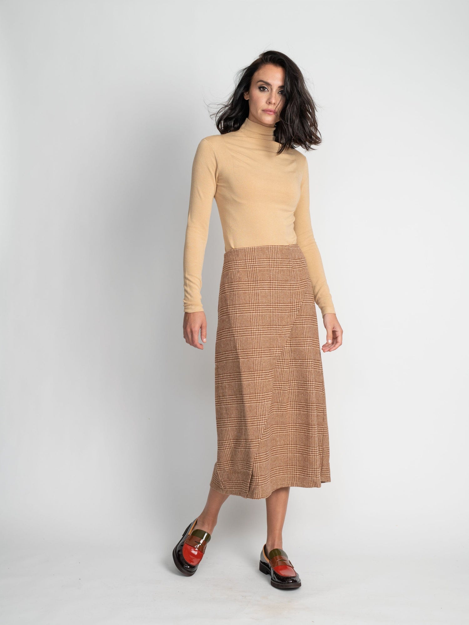 PLAID WRAP SKIRT-BROWN