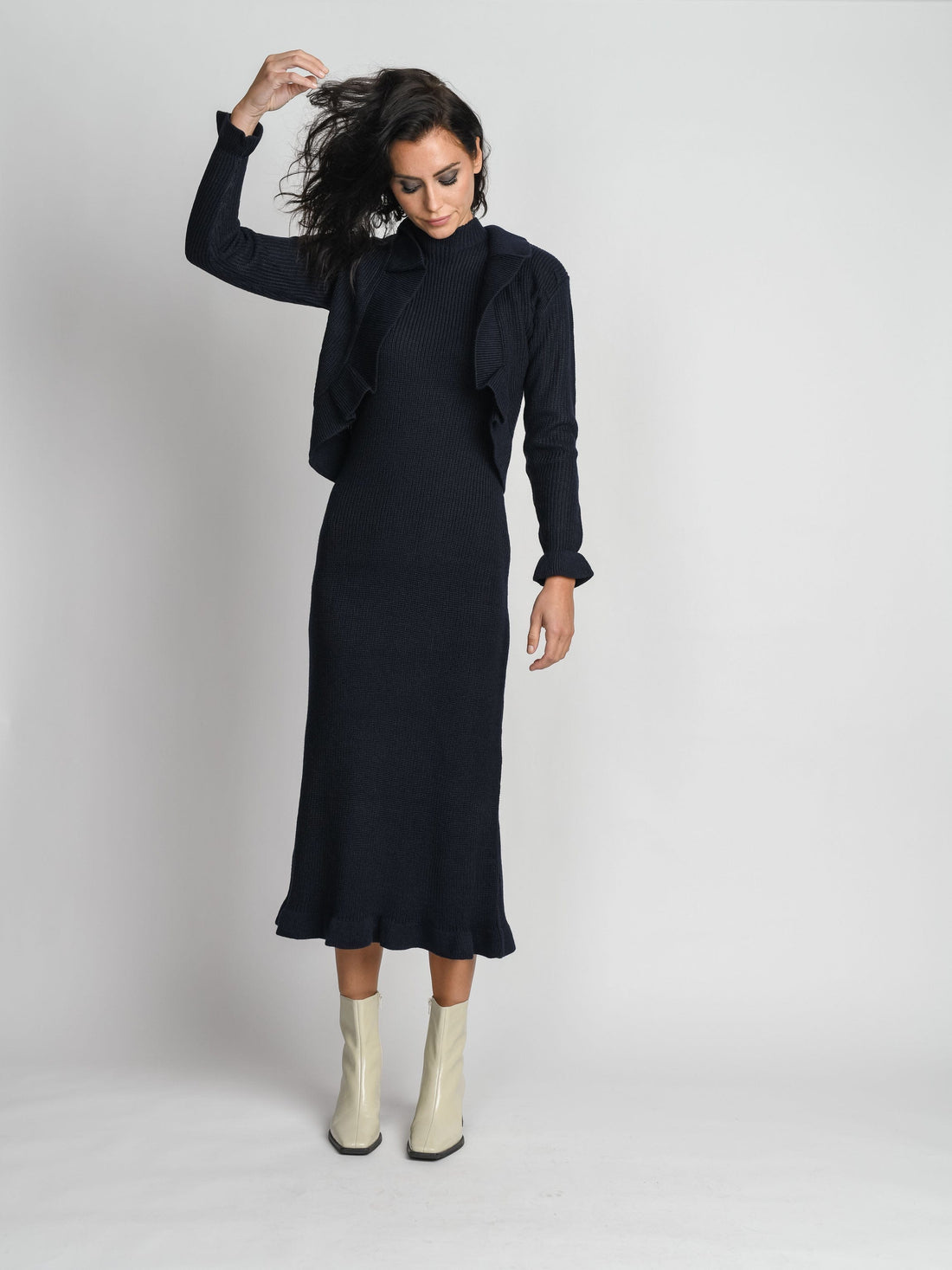 RUFFLE SHRUG DRESS-NAVY