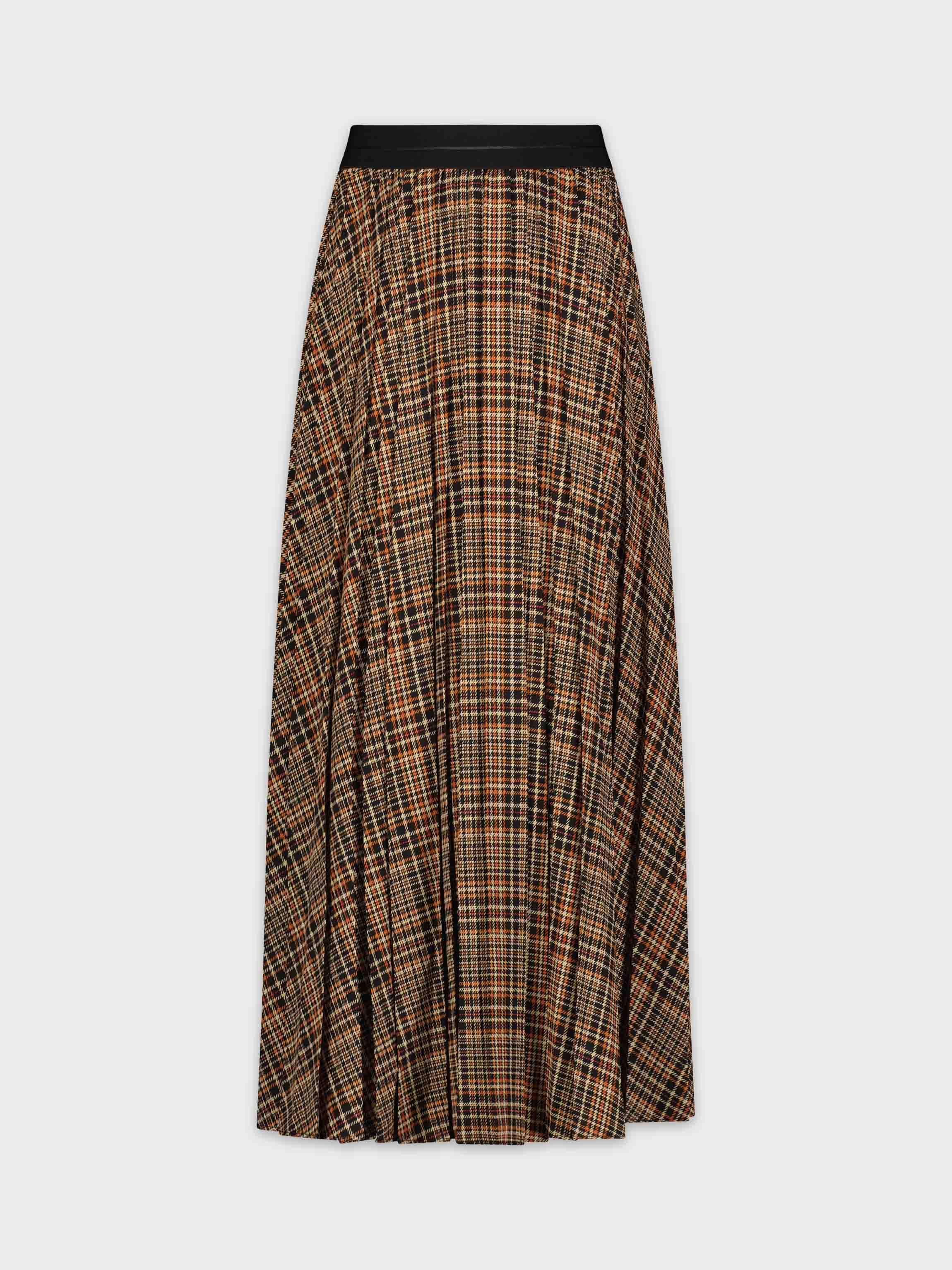 PRINTED PLEATED SKIRT 35&quot;-BROWN PLAID