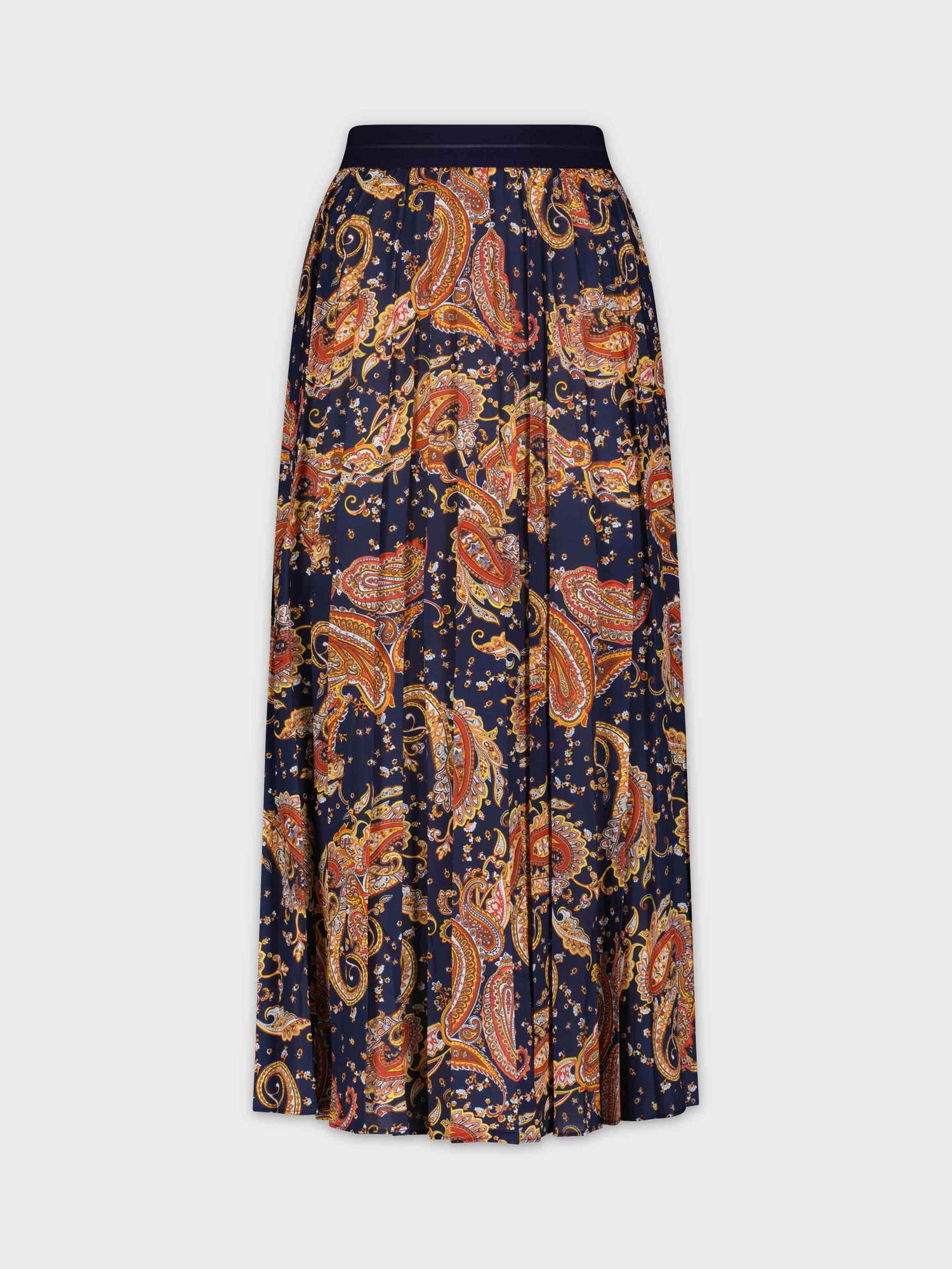 PRINTED PLEATED SKIRT 35&quot;-NAVY PAISLEY