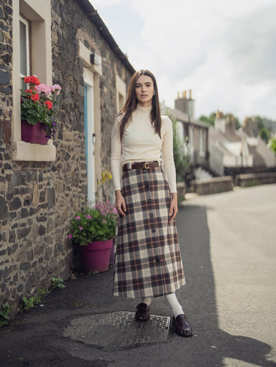 Plaid Button Down A-Line Skirt-Ivory/Tan/Brown