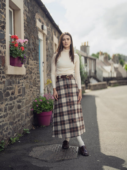 Plaid Button Down A-Line Skirt-Ivory/Tan/Brown