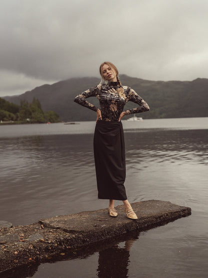 Printed Velour Turtleneck-Gold Floral