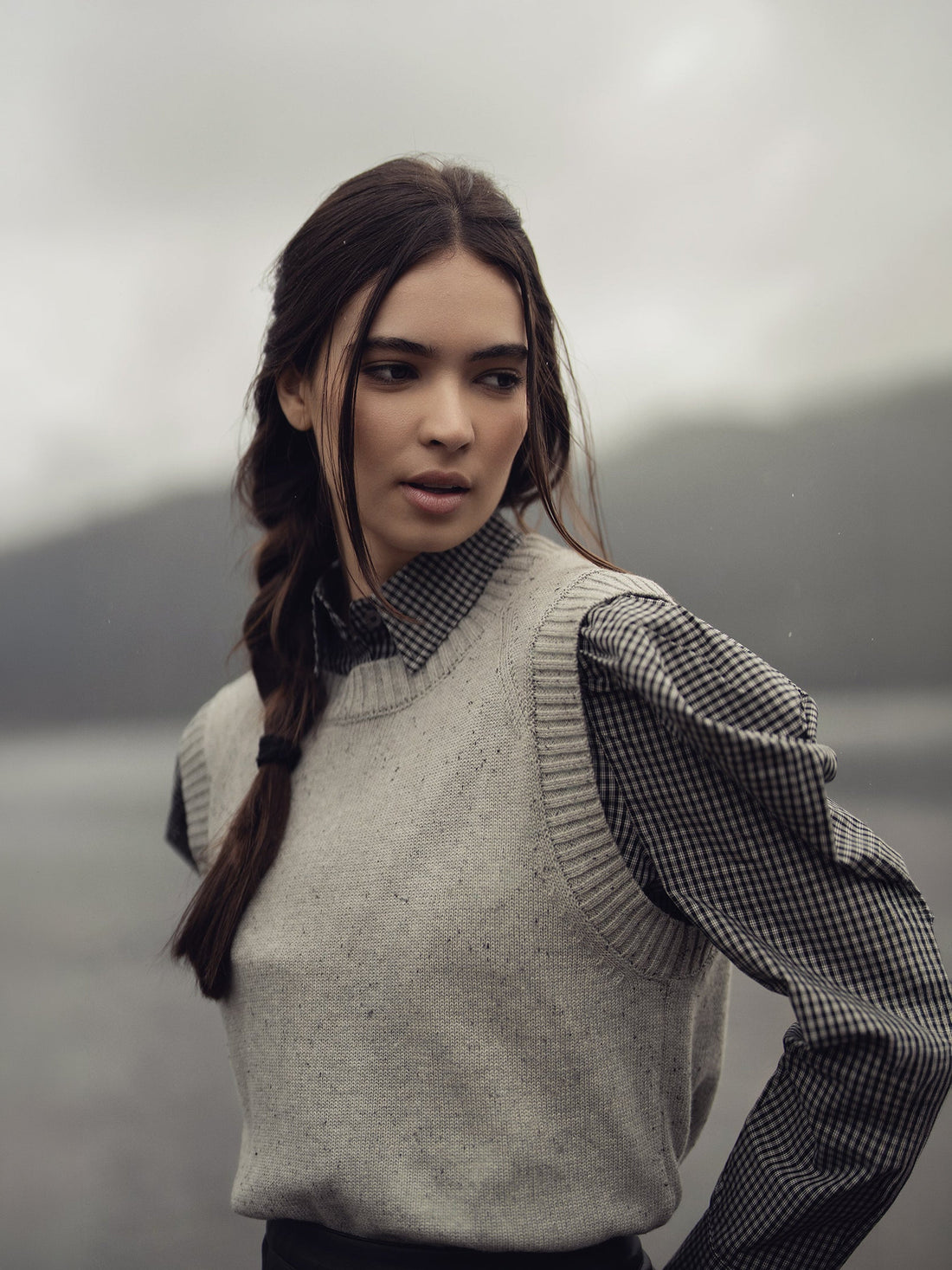 Puff Sleeve Blouse-Black/White Plaid