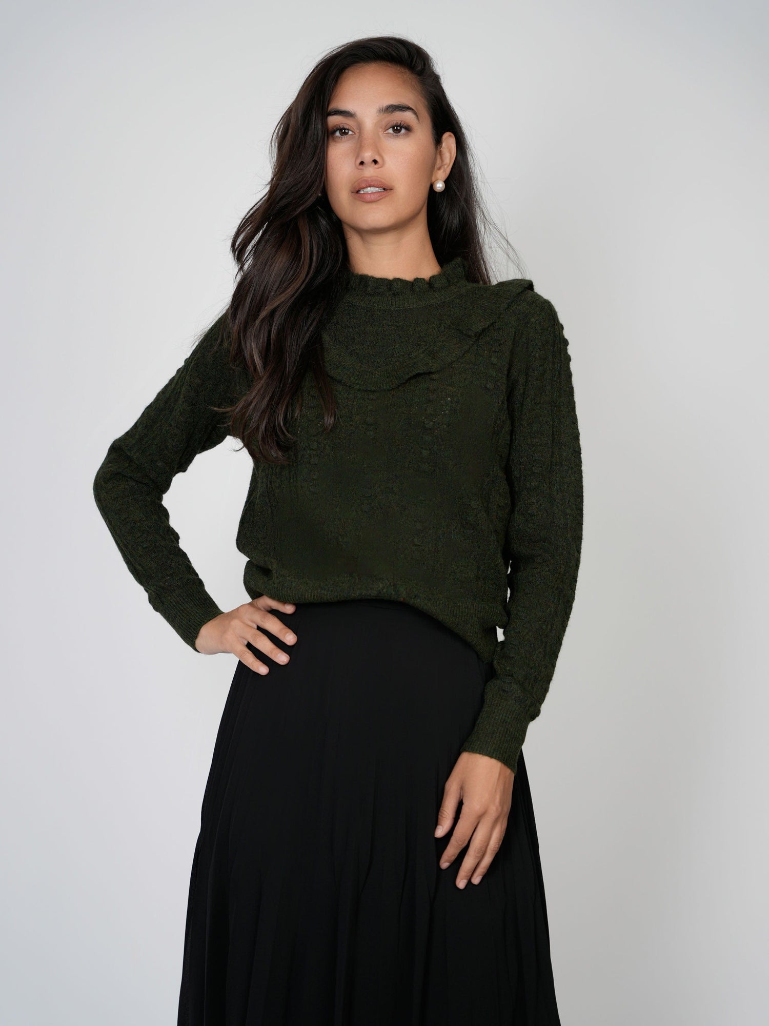 RUFFLE POINTELLE SWEATER-GREEN