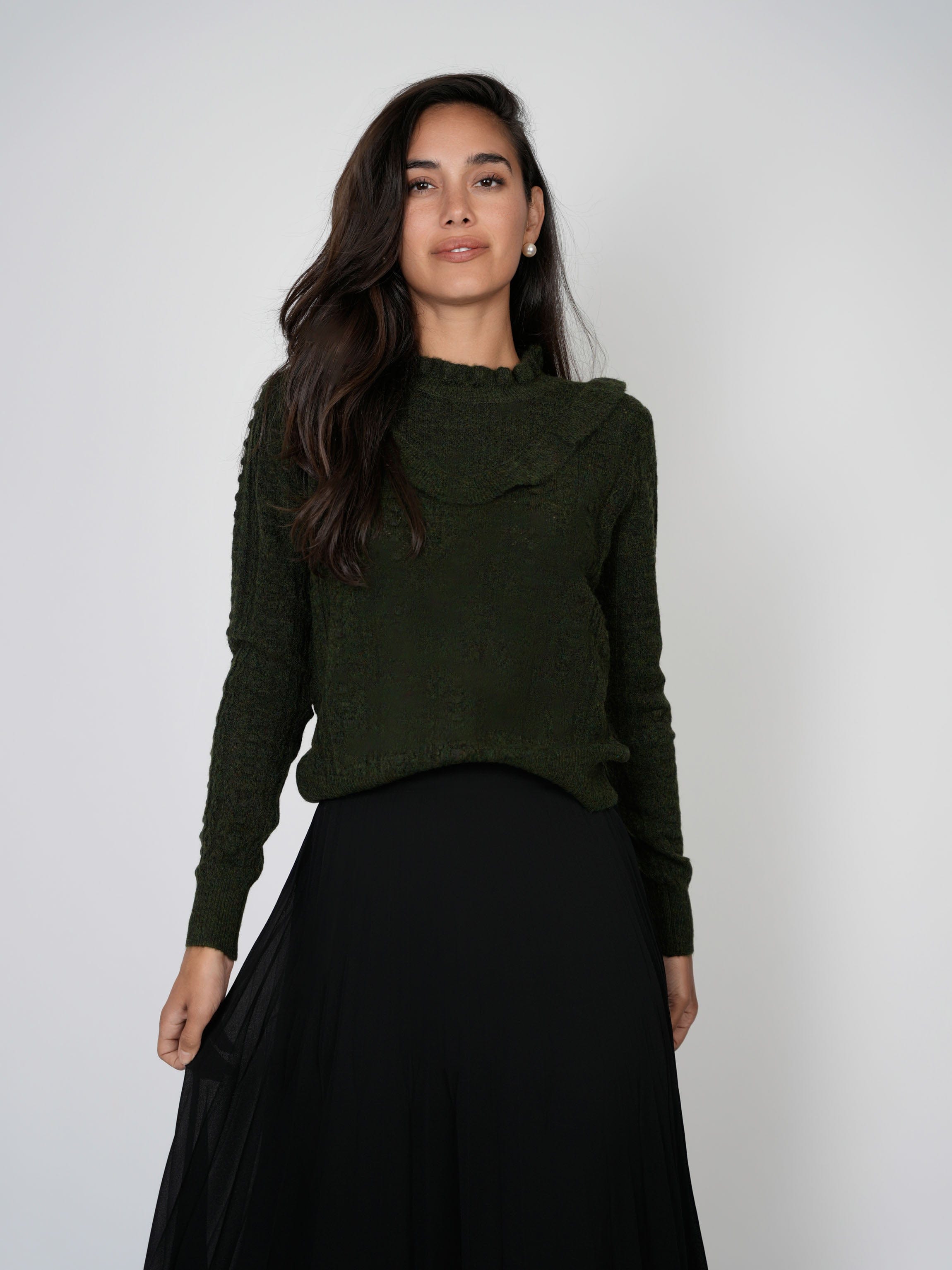 RUFFLE POINTELLE SWEATER-GREEN