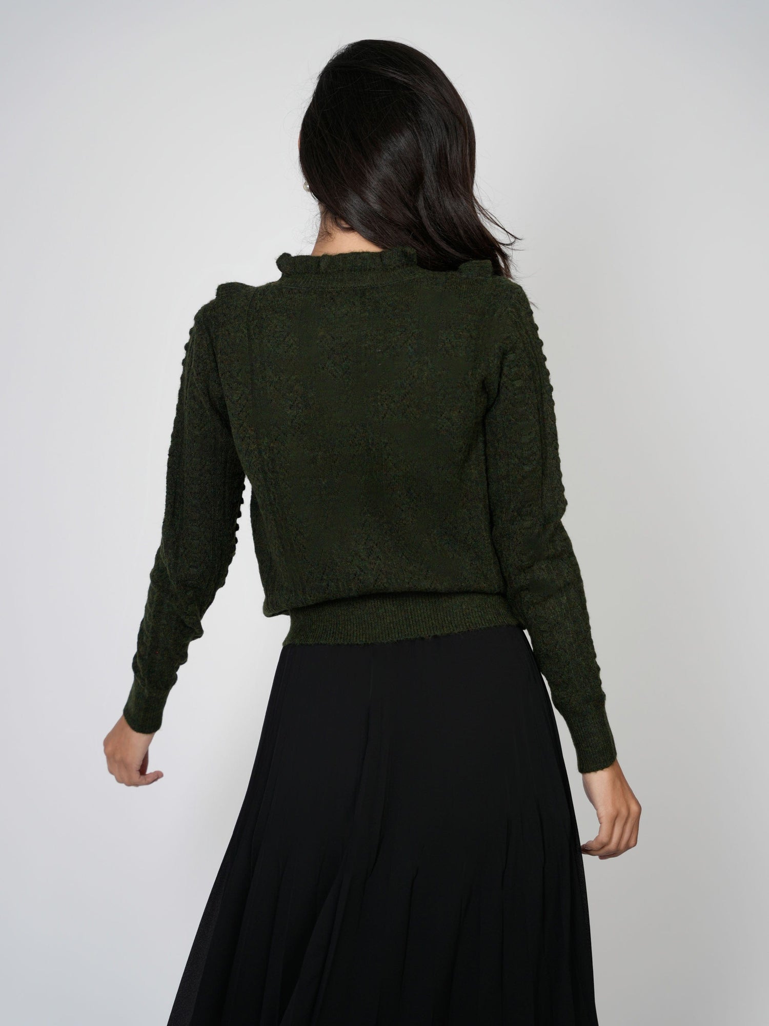 RUFFLE POINTELLE SWEATER-GREEN