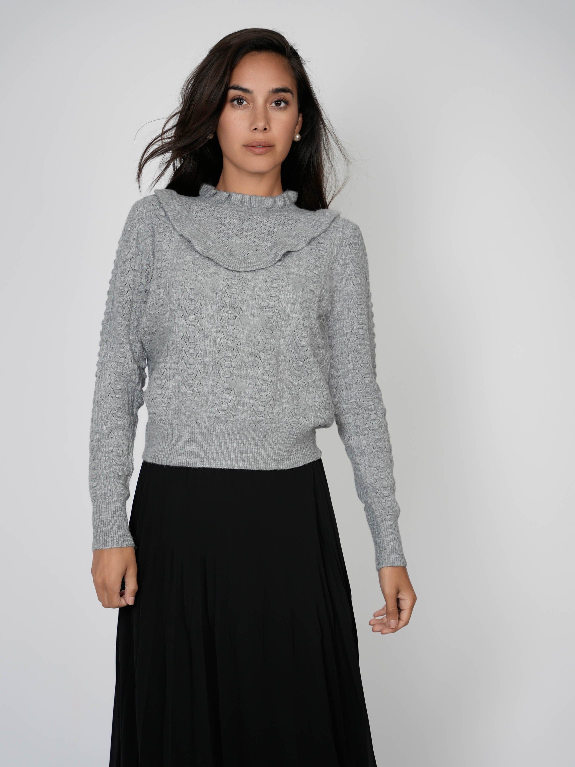 RUFFLE POINTELLE SWEATER-GREY