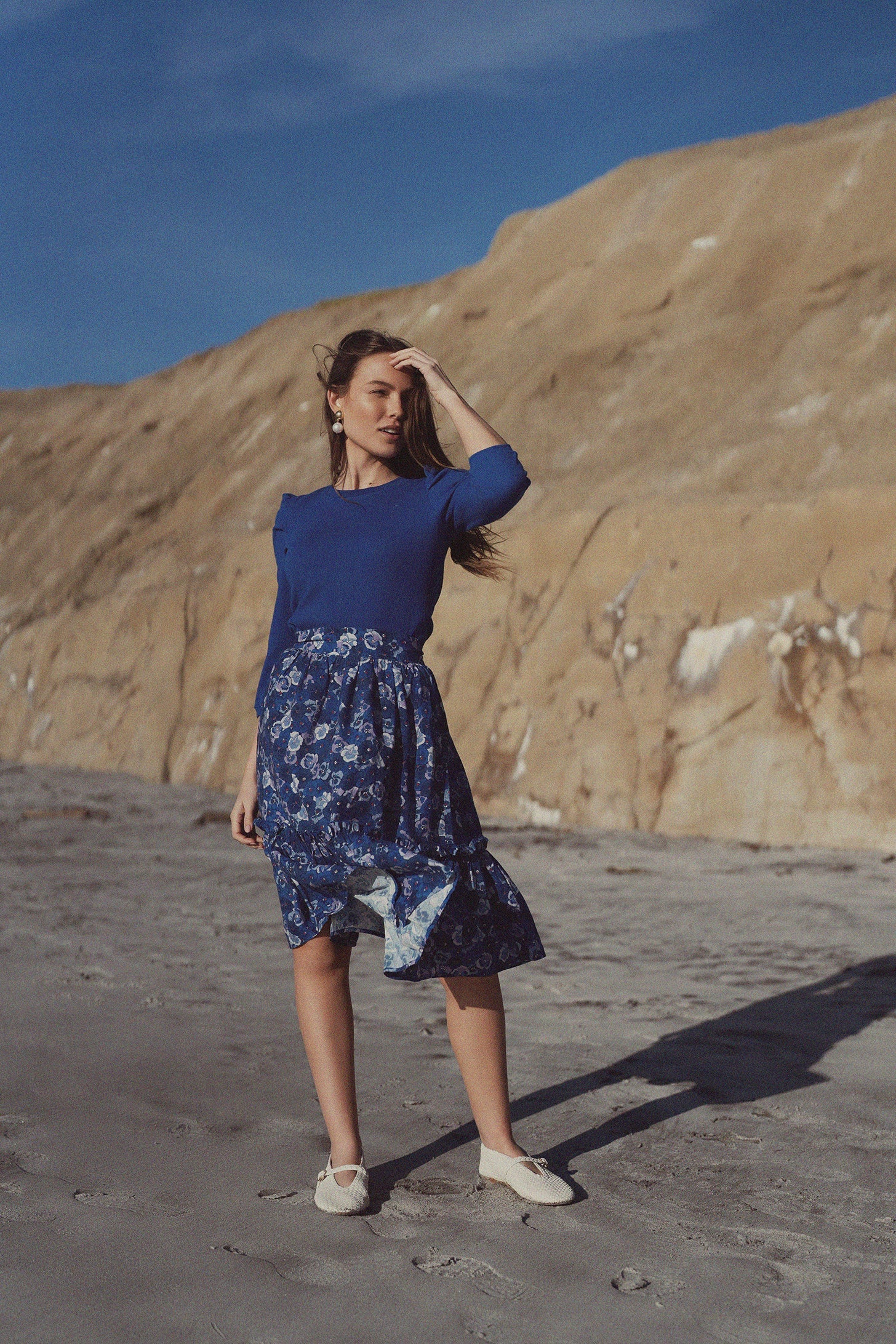 Ribbed Crew Neck Puff Sleeve Top-Royal Blue