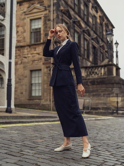 Straight Kick Pleat Maxi Skirt-Navy