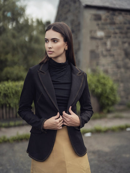 Stretch Denim Blazer-Black
