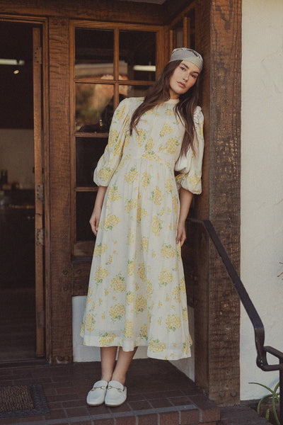 yellow floral summer dress Ruched Puff Sleeve Dress-Yellow Floral 12 / TR401