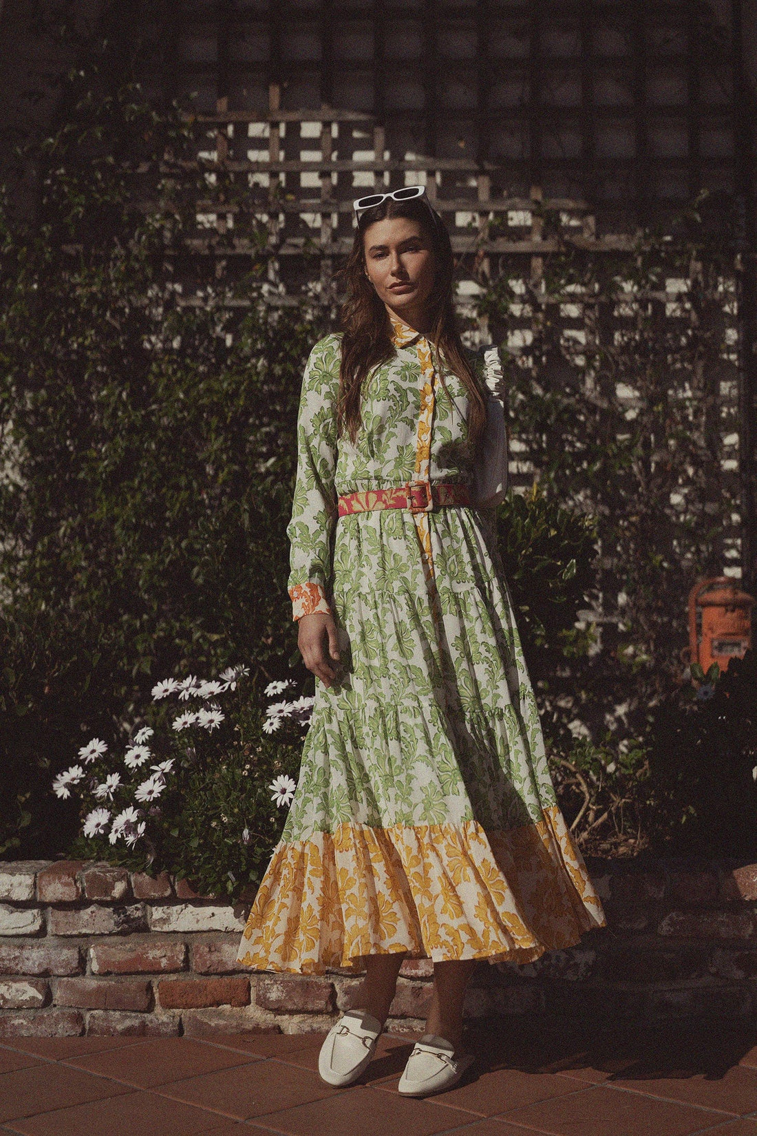 Belted Tiered Dress-Green Floral