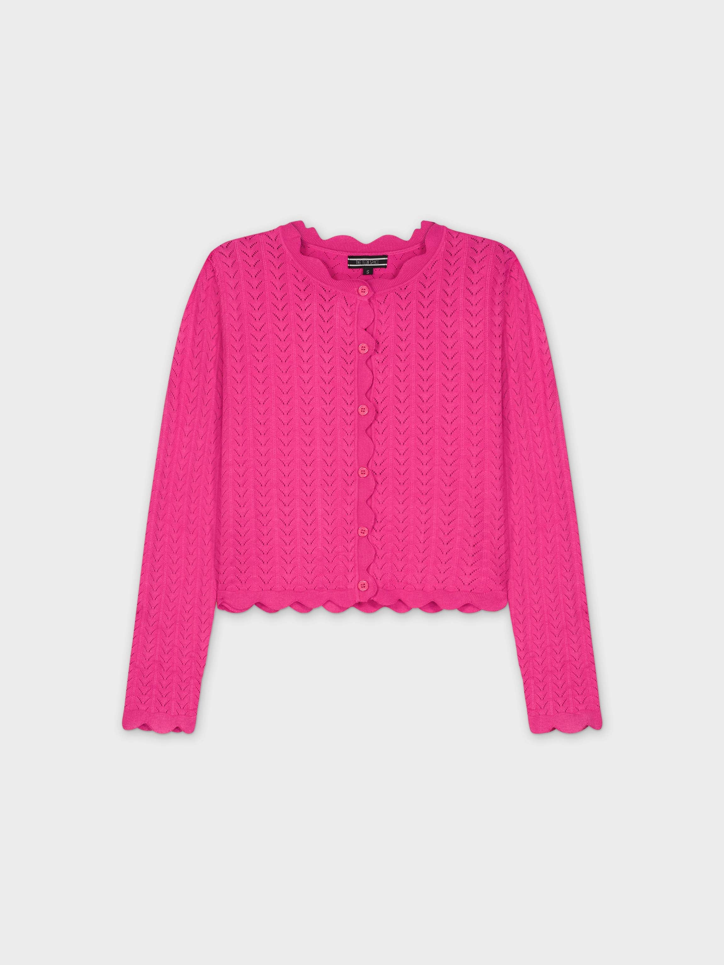 SCALLOPED CREW CARDIGAN-HOT PINK