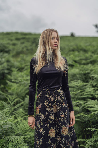 Brocade Midi Skirt-Black Floral