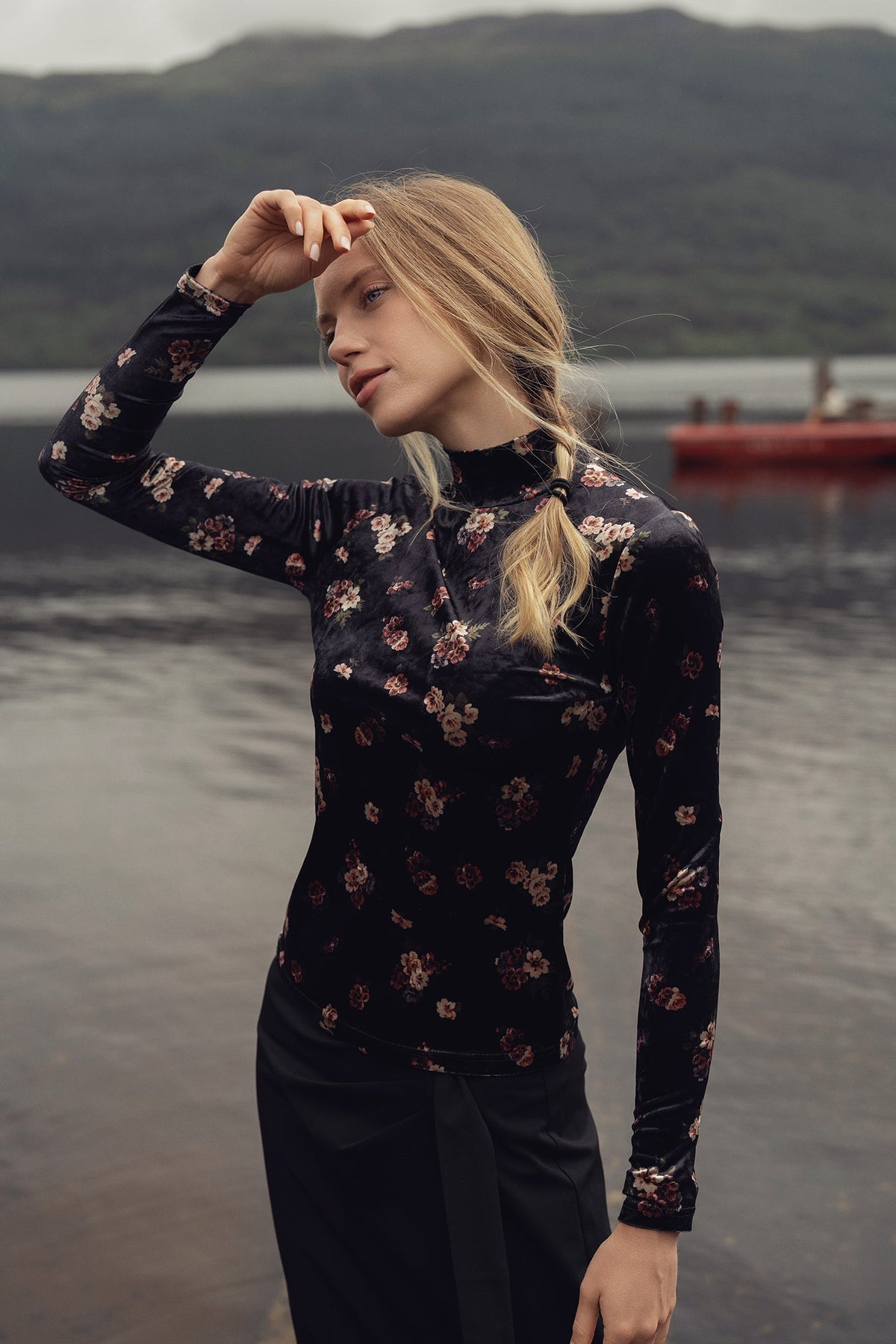 Printed Velour Turtleneck-Rosy
