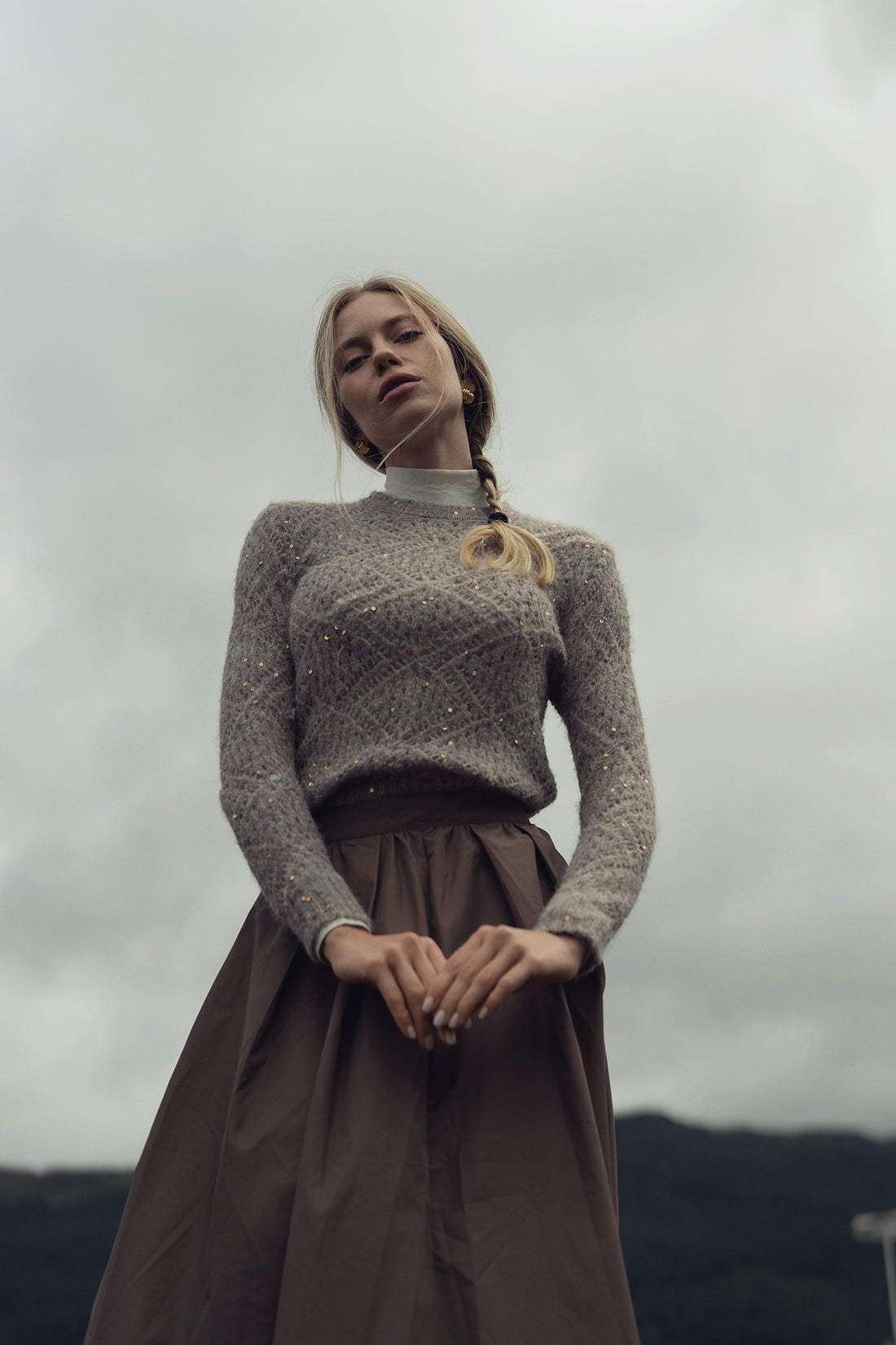 Open Crochet Knit Sequin Sweater-Tan