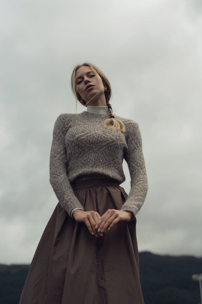 Open Crochet Knit Sequin Sweater-Tan
