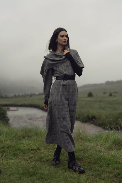 Front Pleat Square Neck Dress-Black/White Plaid