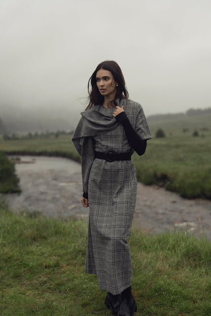 Front Pleat Square Neck Dress-Black/White Plaid