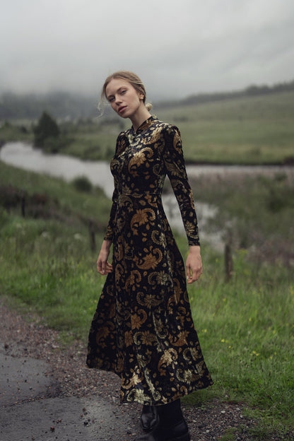 Velour Front Knot Maxi Dress-Gold Paisley