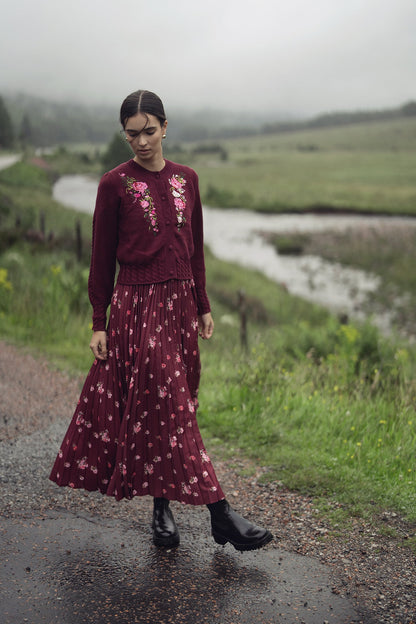 Embroidered Cardigan-Burgundy Floral