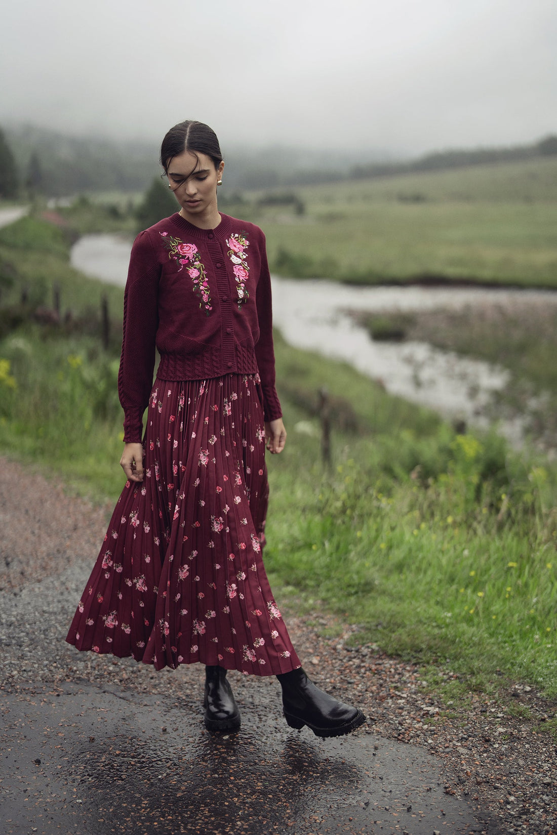Pleated Bottom Slip Dress-Burgundy Floral