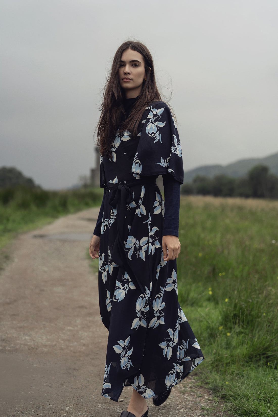 Flutter Sleeve Wrap Dress-Blue Flower