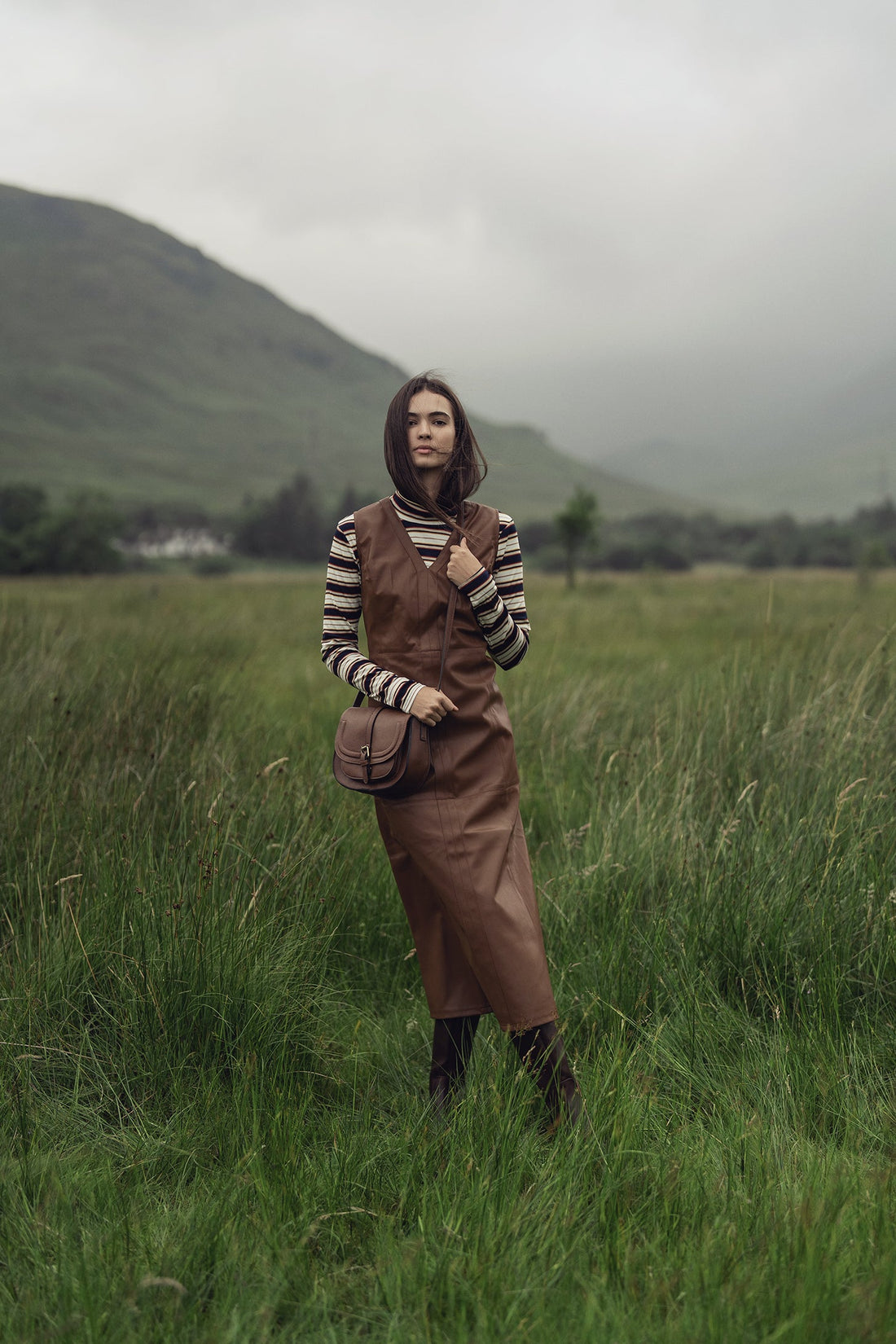 Faux Leather Seamed Jumper-Brown