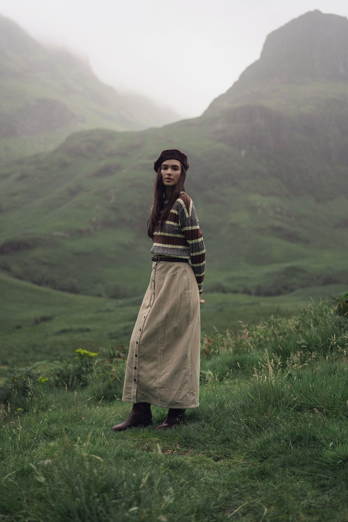 Cable Striped Sweater-Brown/Grey