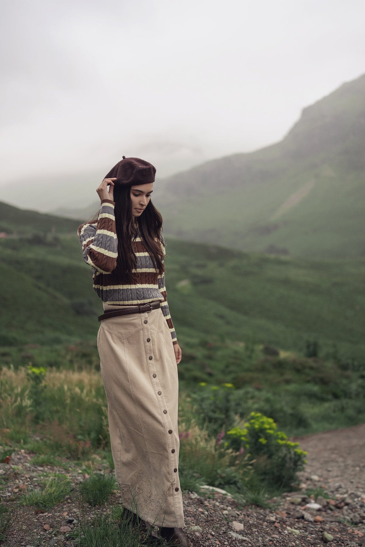 Cable Striped Sweater-Brown/Grey