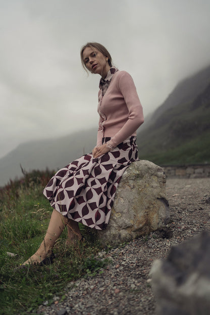 Geometric Pleat Skirt-Burgundy/Pink