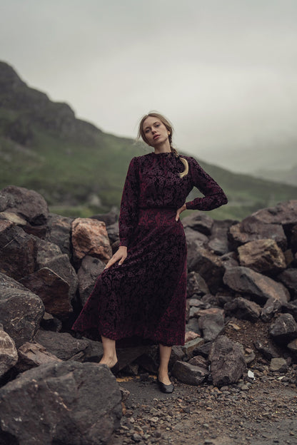 Waisted Yoke Dress-Burgundy Velvet Leaves
