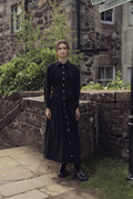 Pleat Waist Pinstripe Button Down Dress-Black