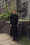 Pleat Waist Pinstripe Button Down Dress-Black