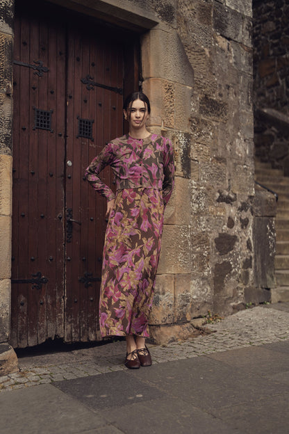 A-Line V Neck Slip Dress-Brown/Pink Floral