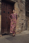 A-Line V Neck Slip Dress-Brown/Pink Floral