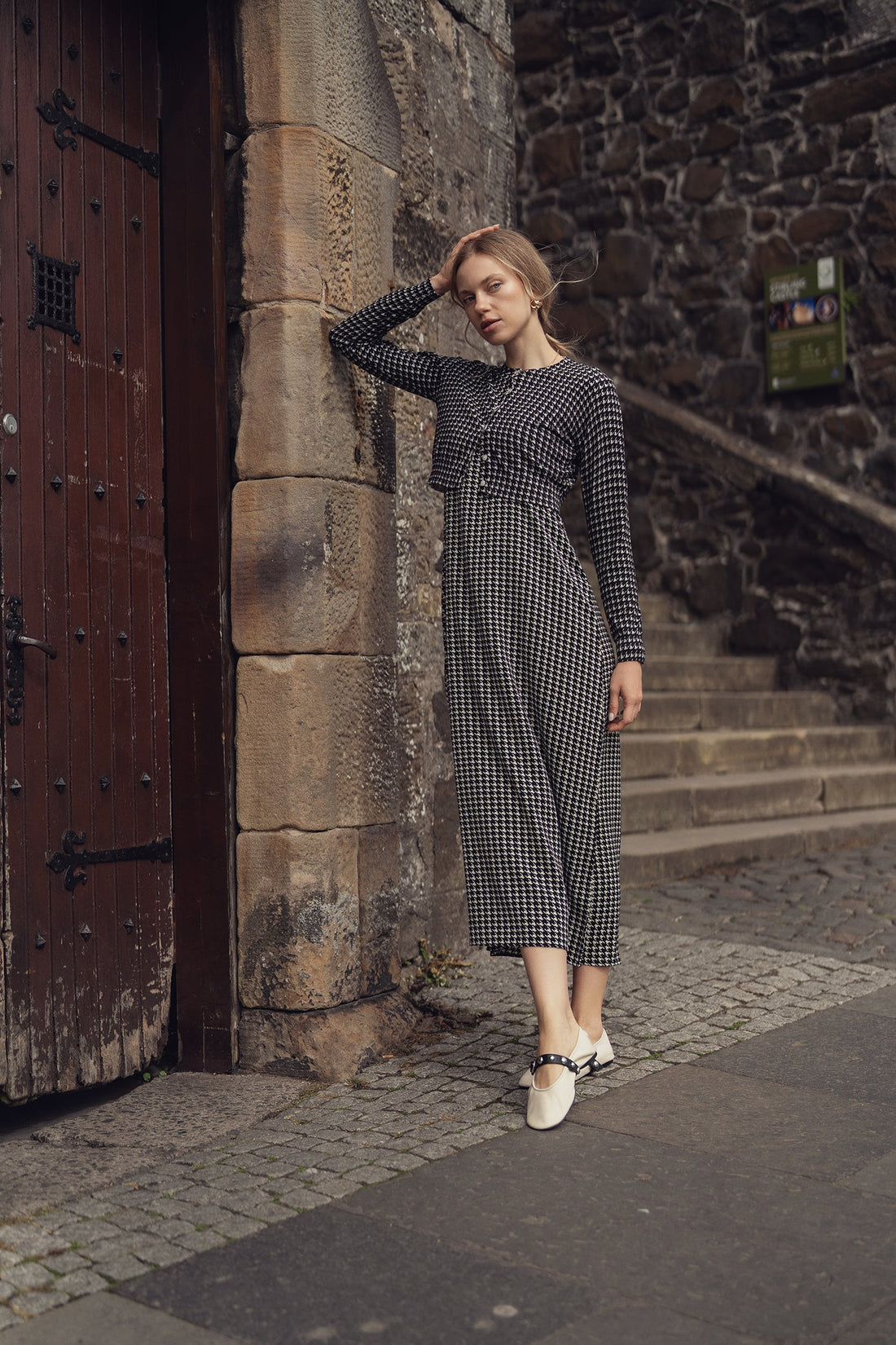 A-Line V Neck Slip Dress-Houndstooth