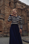Laced Ruffle Collar Striped Sweater-Navy/Cream