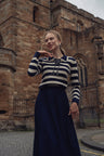 Laced Ruffle Collar Striped Sweater-Navy/Cream