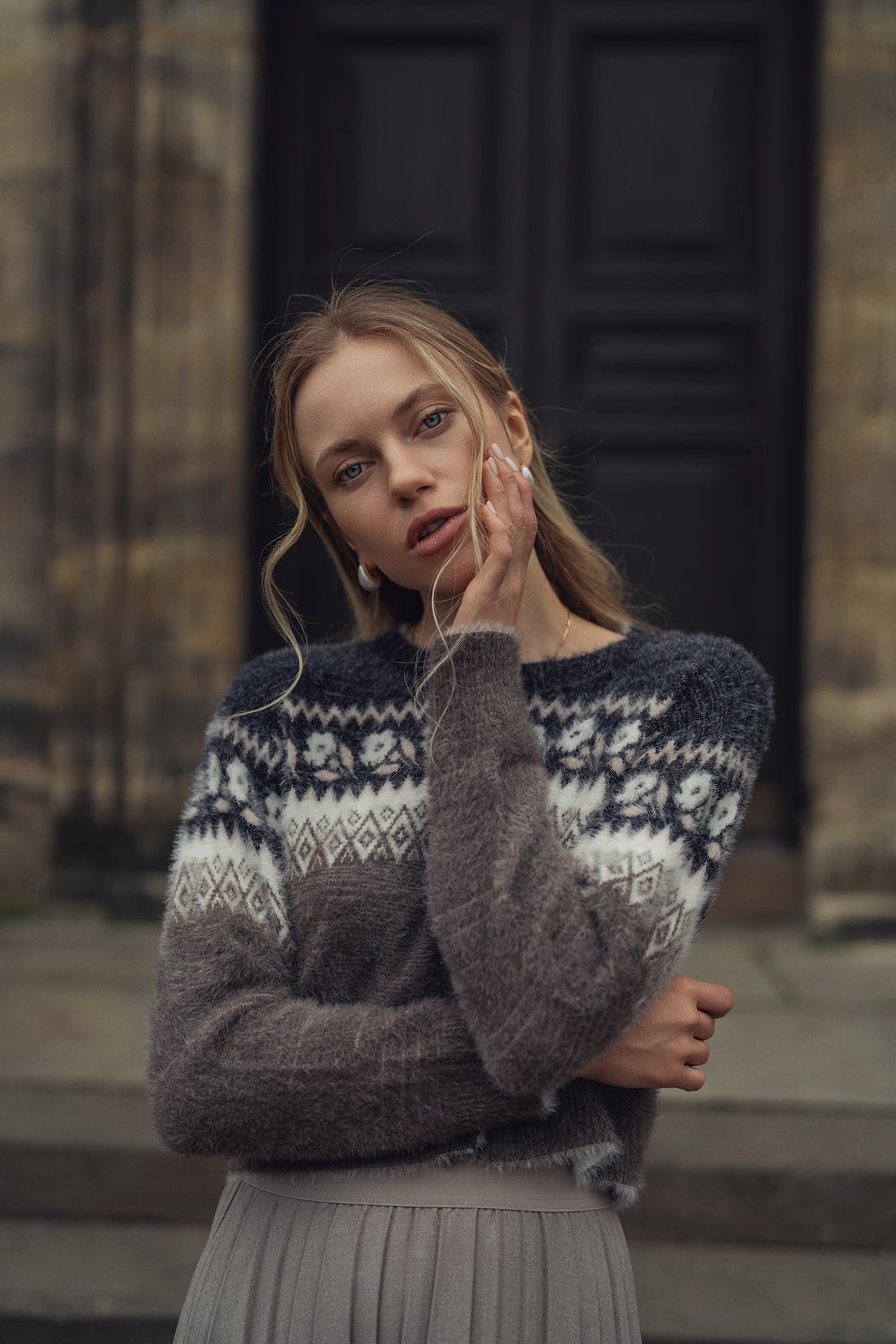 Mohair Crew Cardigan-Aztec Floral
