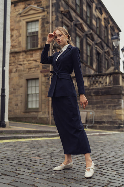 Embroidered Belted Blazer-Navy