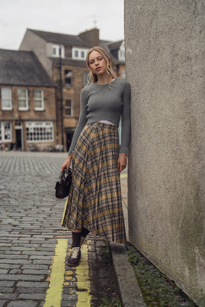 Covered Band Pleated Skirt-Pastel Plaid