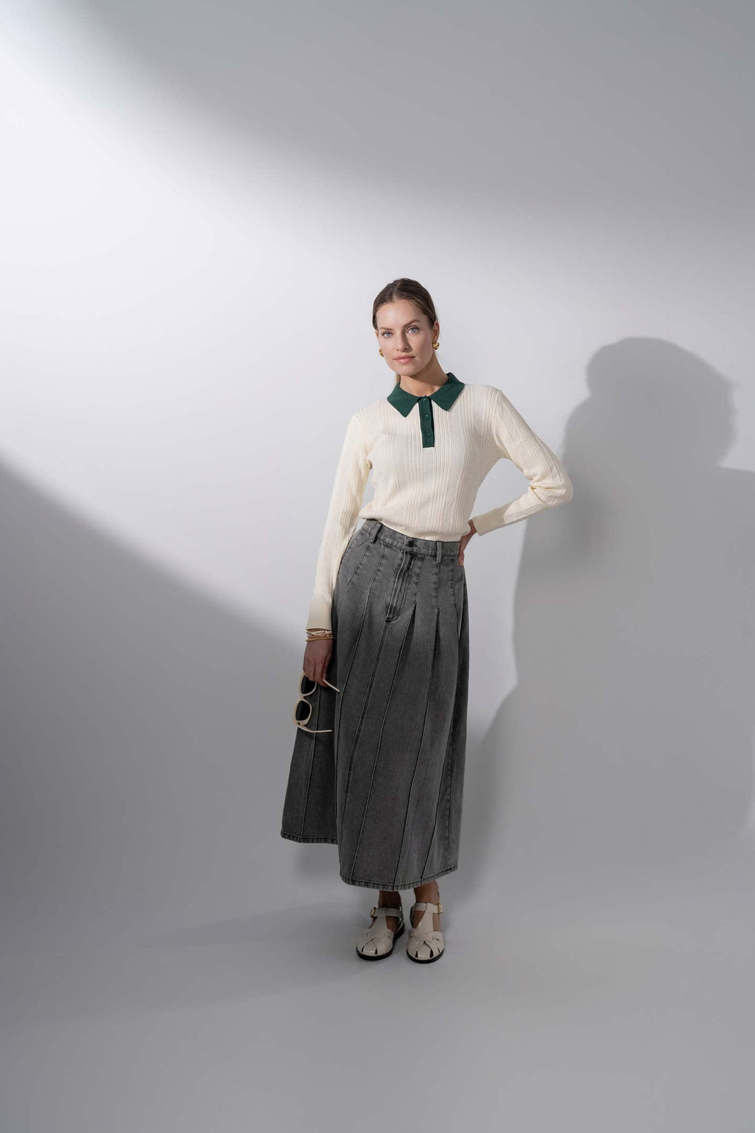 Knit Detail Collar Sweater-Cream/Green