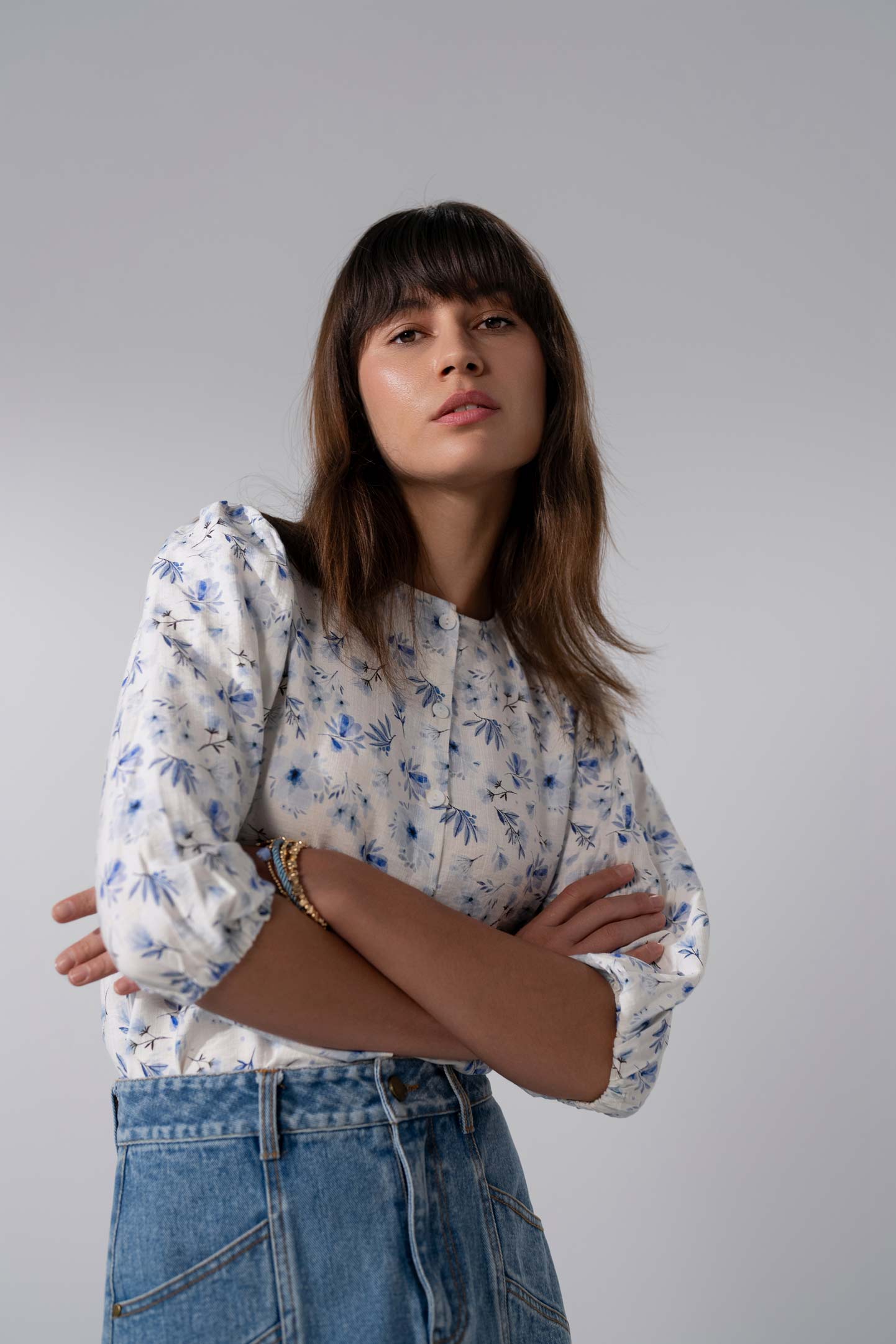 Puff Sleeve Button Down Blouse-Poppy Blue